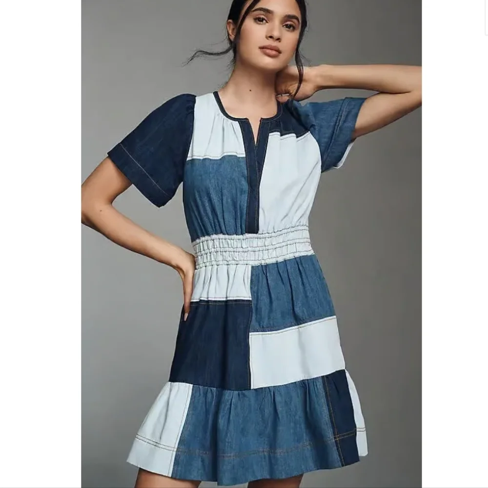 Anthropologie | The Somerset Demin Blue Patchwork Dress Medium - Picture 2 of 16